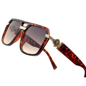 Tortoise Square Sunglasses Gold Metal Bar Light Weight Comfortable UV Protection
